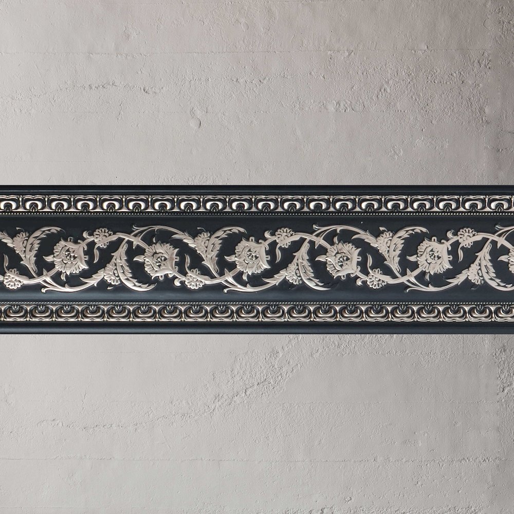 Silver Floral on Black Chair Rail 94 Inch