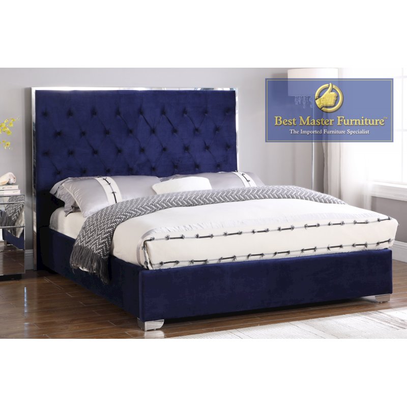 Best Master Kressa Velour Fabric Tufted East King Platform Bed in Blue