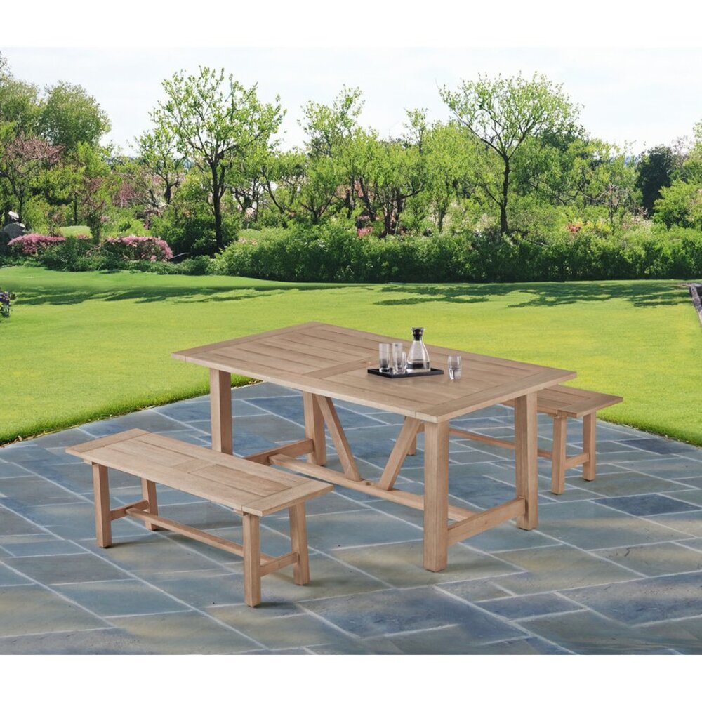 Rustic Light Oak Outdoor Dining Set – Acacia Wooden Table with 2 Wood Benches