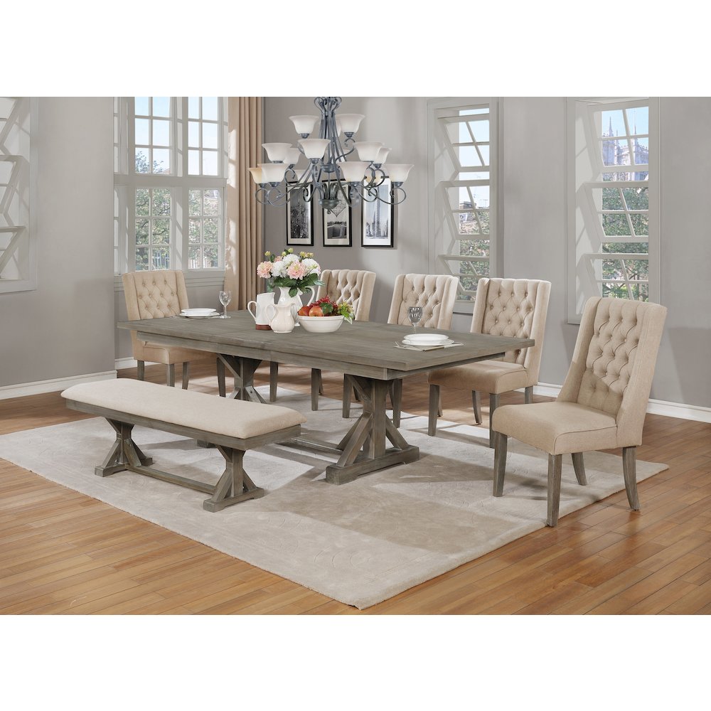 Bench & 5 Tufted Chairs in Beige Linen
