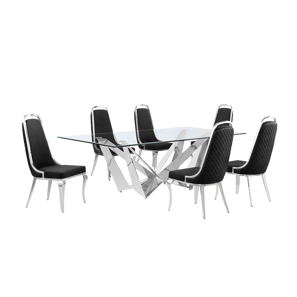7pc Large(94″) glass dining set with silver base and 6 Black side chairs