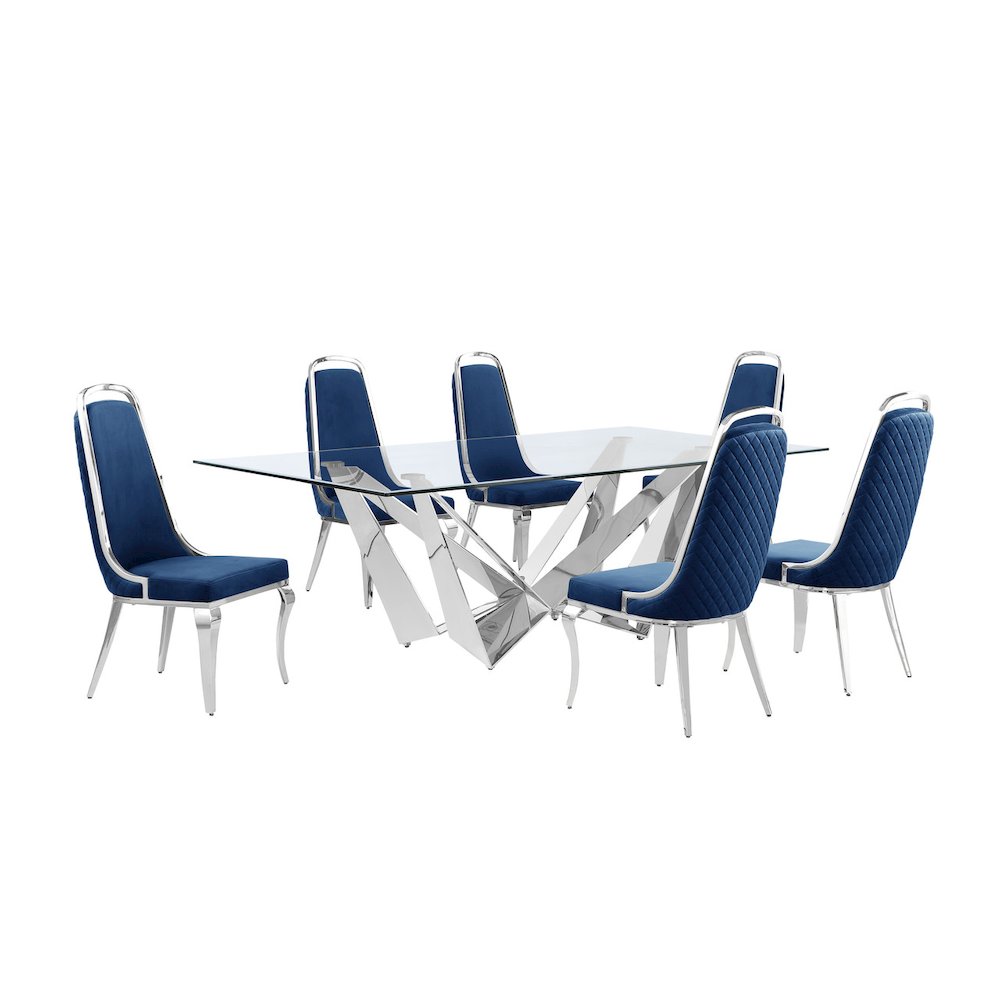 7pc Large(94″) glass dining set with silver base and 6 Navy blue side chairs