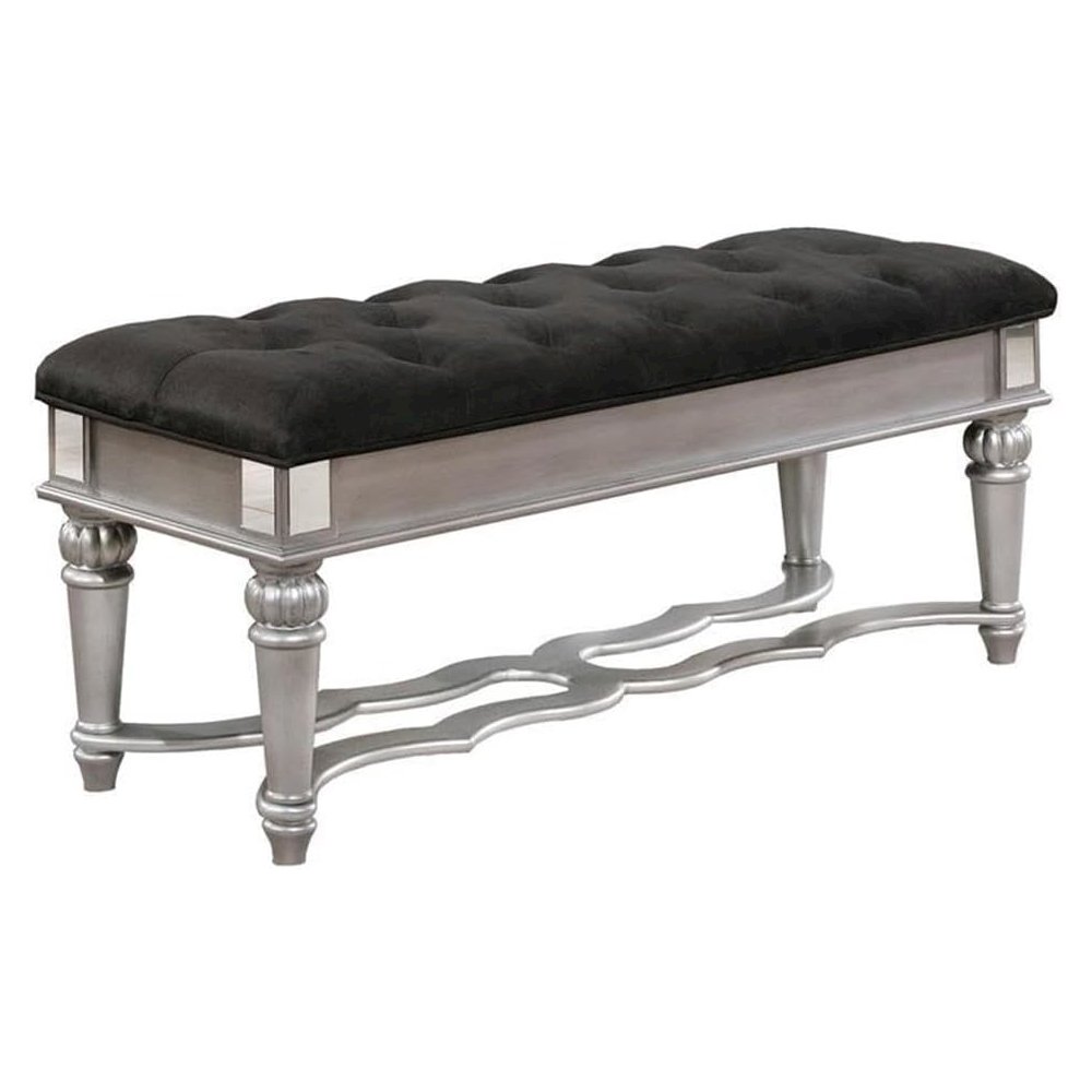 Black Velvet Tufted Bedroom Bench with Mirrored Accents
