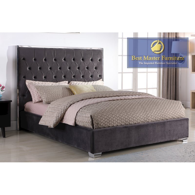 Best Master Kressa Velour Fabric Tufted Cali King Platform Bed in Dark Gray
