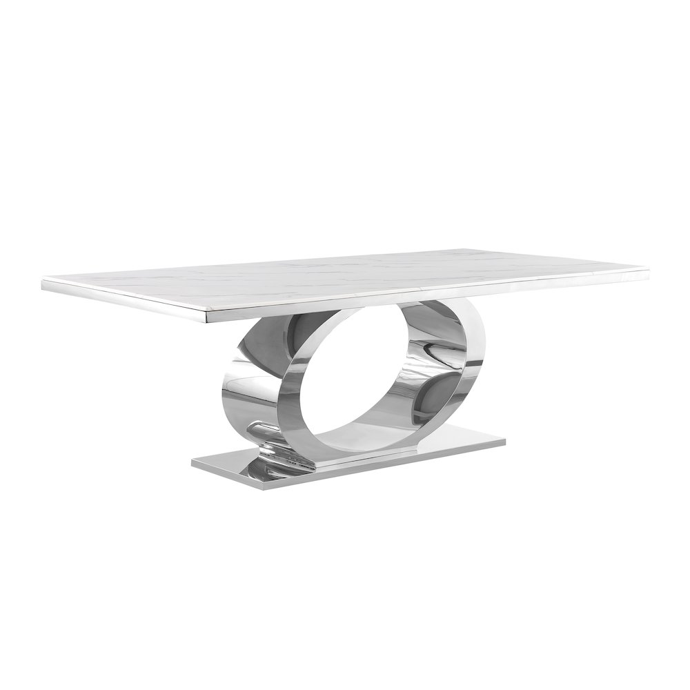 Large 87″ Rectangular marble top dining table with a silver color base