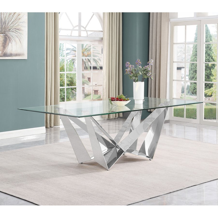 7pc Large(94″) glass dining set with silver base and 6 Black side chairs