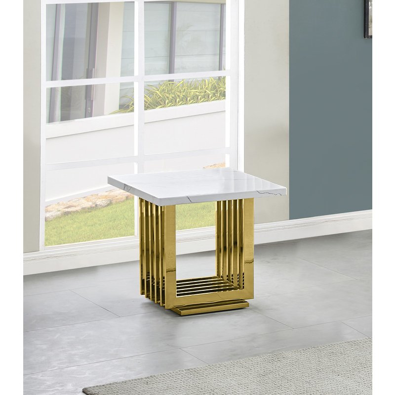 White marble top end table with gold color stainless steel base