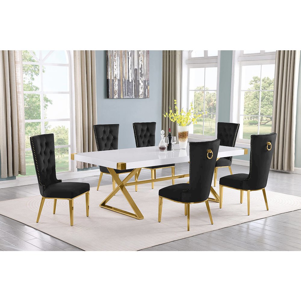 7pc Large(94″) white wood top dining set with gold base and 6 Black side chairs