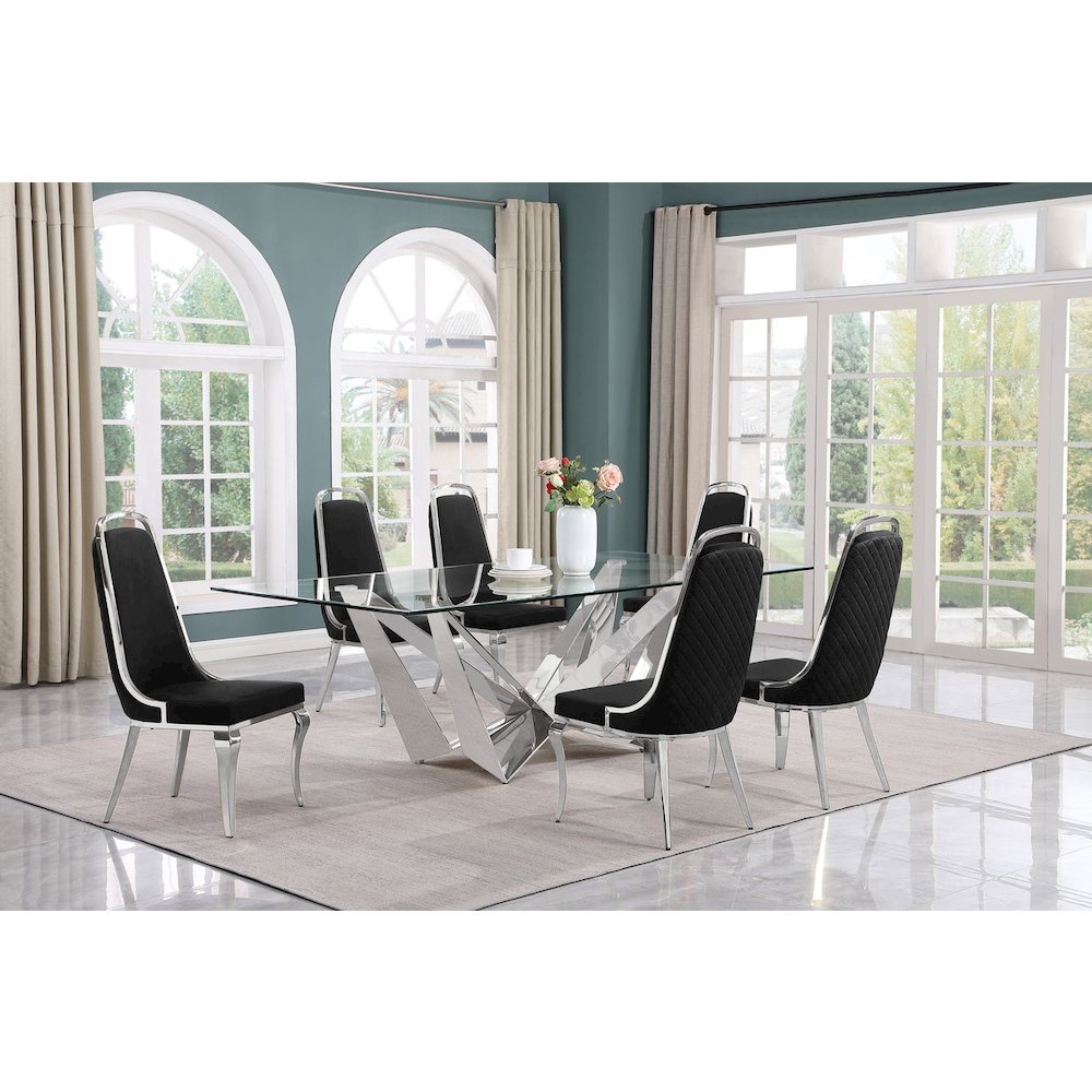 7pc Large(94″) glass dining set with silver base and 6 Black side chairs