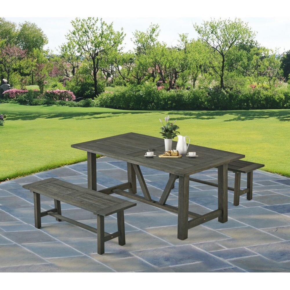 Rustic Gray Outdoor Dining Set – Acacia Wooden Table with 2 Wood Benches