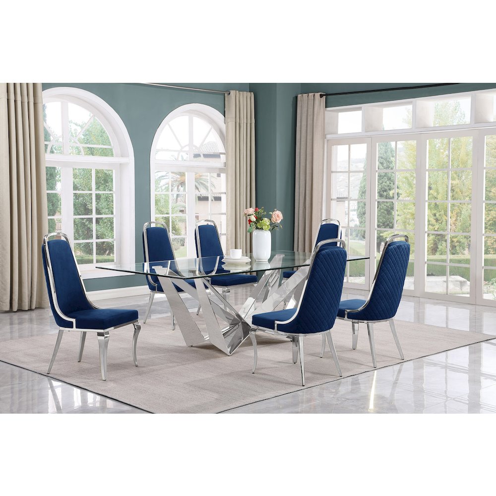 7pc Large(94″) glass dining set with silver base and 6 Navy blue side chairs