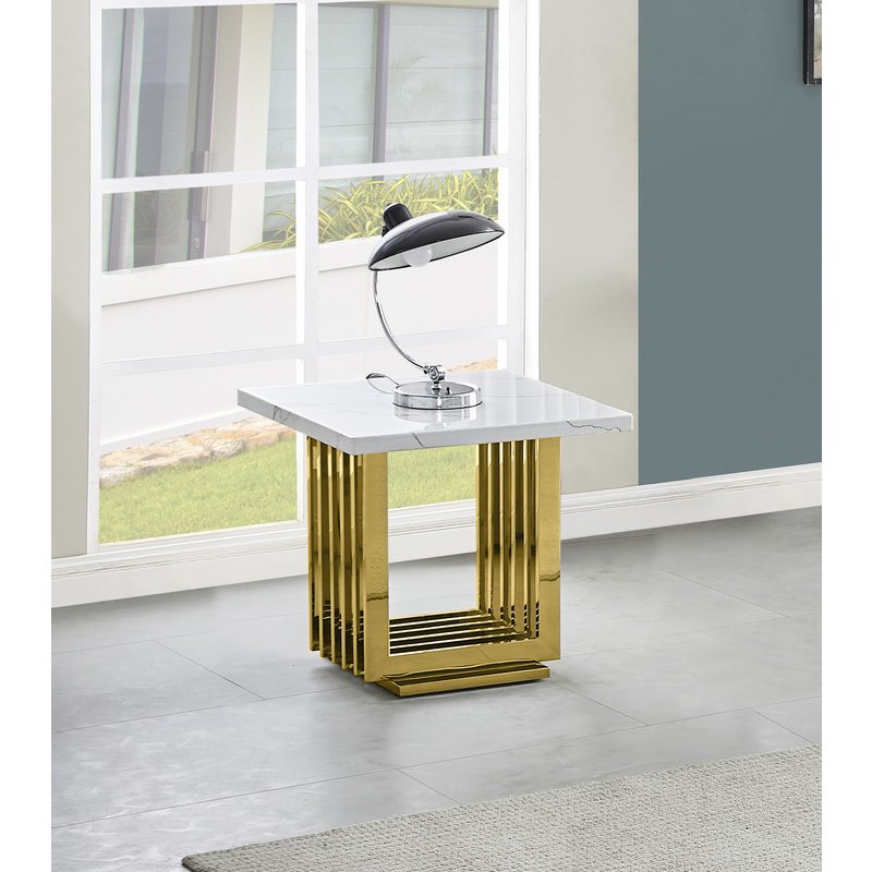 White marble top end table with gold color stainless steel base