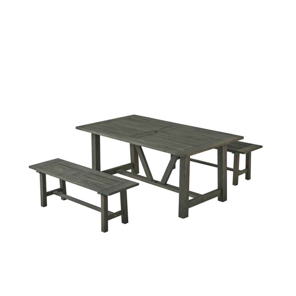 Rustic Gray Outdoor Dining Set – Acacia Wooden Table with 2 Wood Benches