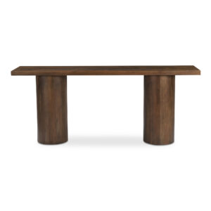 The Hadley console table showcases the natural beauty of reclaimed neem wood with understated elegance. Its minimalist design features a substantial 2-inch-thick rectangular top resting on robust cylindrical bases. Each piece tells a unique story through subtle variations