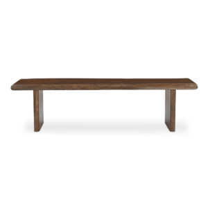 The Lila dining bench reimagines its live edge. It introduces a softer appeal with bullnose edging on the shorter ends and base