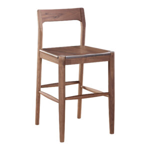 with a warm brown tone that highlights the wood's natural grain and knots. The mid-height back supports comfortable