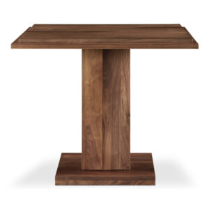 The May cafe table's unique double square top and rectangular post leg create an intriguing visual harmony. Crafted from rich walnut