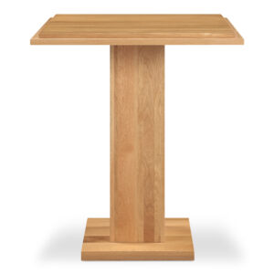 The May bar table's unique double square top and rectangular post leg create an intriguing visual harmony. Crafted from solid oak