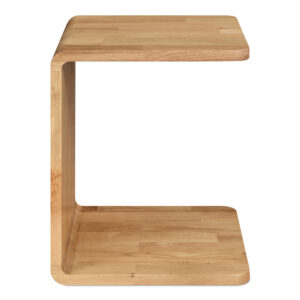 A side table that knows how to keep up. Carrie’s C-shaped silhouette tucks in close
