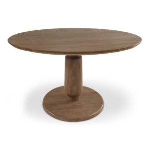 The Clark dining table marries a unifying round design with a refined beveled edge for seamless sophistication. Resting on a sturdy pedestal base with two captivating wooden indents at each of the two ends