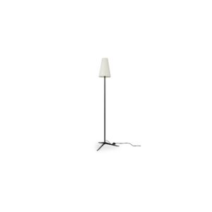 The Mathis floor lamp embodies mid-century elegance with its slender silhouette and tripod base. A vintage-inspired metal stand supports a tapered linen shade