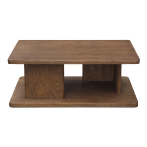 The Casey coffee table harmoniously blends rustic charm with contemporary aesthetics. A distinctive vertical support adorned with a refined bullnose edge adds sculptural grace to its minimalist design. Ample open storage beneath the tabletop offers practical display or storage solutions.