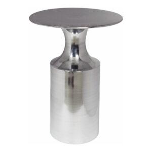 the Rassa accent table features Art Deco references with a slender column base that dips to flare out to a metallic