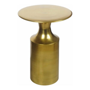 the Rassa accent table features Art Deco references with a slender column base that dips to flare out to a metallic