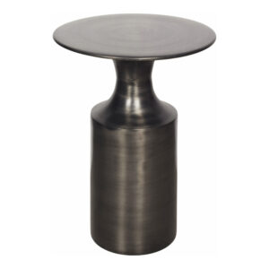 the Rassa accent table features Art Deco references with a slender column base that dips to flare out to a metallic