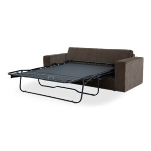 this sleeper sofa balances modern style with everyday comfort. A short queen mattress folds out smoothly using a Leggett & Platt mechanism. Built on a solid beech and plywood frame with fiber-wrapped cushions. Style by day