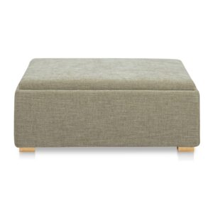 The Montana storage ottoman offers a serene silhouette and hidden functionality. The dual-purpose top reveals a durable melamine tray