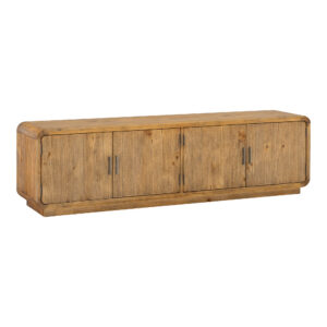 rustic style has been rounded into a minimal silhouette with the Monterey media cabinet. A gently curved showcase with a fully finished back