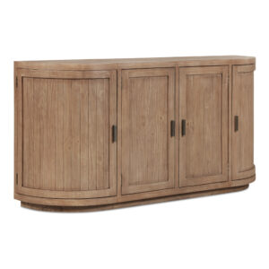 its contemporary recessed base contrasts with the rustic wood