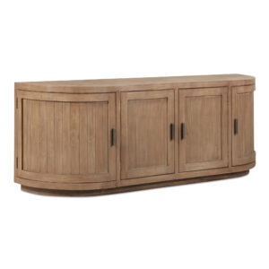 the Nicola media cabinet features curved doors that smooth the bold textures of reclaimed wood. Its striking form stands on a recessed base