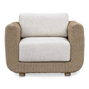 The Soma outdoor accent chair finds a graceful interplay of form and purpose. Its natural finished PE synthetic wicker frame and sunproof