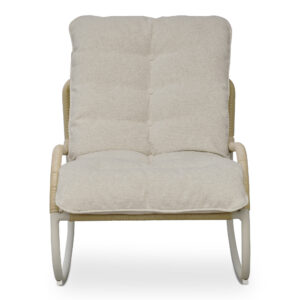 The Lyra rocking chair's sleek aluminum frame harmoniously blends with synthetic wicker