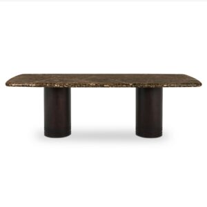 Some tables host meals; Daphne hosts the whole evening. A thick slab of Italian Dark Emperador marble sets a deep brown mood