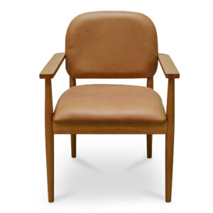 The Norrie dining chair features a continuous frame that flows seamlessly from back to armrests. Crafted from rubber wood and upholstered in sumptuous top-grain leather