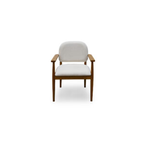 The Norrie dining chair features a continuous frame that flows seamlessly from back to armrests. Crafted from robust rubber wood and upholstered in soft fabric