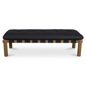 When the materials steal the show. The Costello Bench pairs a solid oak frame with a tufted leather seat wrapped in strap detailing. Upholstered in black top-grain leather with feather-and-fiber cushioning