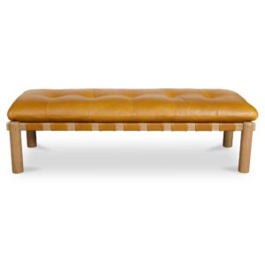 When the materials steal the show. The Costello Bench pairs a solid oak frame with a tufted leather seat wrapped in strap detailing. Upholstered in tan top-grain leather with feather-and-fiber cushioning
