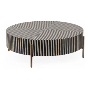 turned up. This round coffee table layers ethically sourced camel bone and resin into a hypnotic black-and-white pattern with serious art deco energy. A brass-finished iron base keeps things grounded while the tabletop commands all the attention. Each piece varies slightly in pattern and tone—natural variation in the materials means no two are the same. A quiet frame