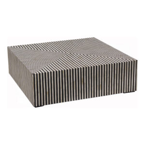 the Ternin coffee table’s hypnotic art deco design is an exercise in contrast. A veneer of ethically sourced white and black camel bone with resin adds a visual statement that contrasts with its simple construction and square shape. The Terning series features a coffee table and a side table to better suit living spaces of all sizes and shapes.