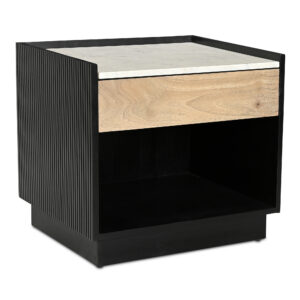 ribbed sides and a timeless recessed base call attention to the robust white Banswara Marble top. A durable mango wood drawer seamlessly finishes the visual appeal while adding practical storage--a unique take that is as lasting as it is beautiful.