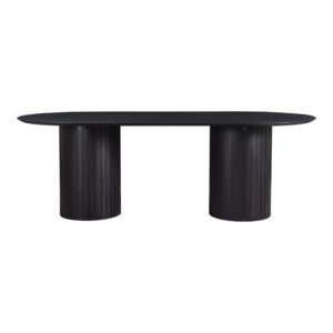 Two ribbed columns do all the talking here. The Povera dining table pairs an expansive oval top with a pair of sculptural pillars whose gentle grooves recall ripples moving across water. Crafted from solid acacia wood