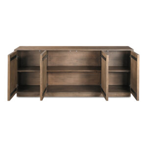 the Bowen sideboard showcases simple geometry. Crafted from solid Mango wood with a matte sandblast brown finish
