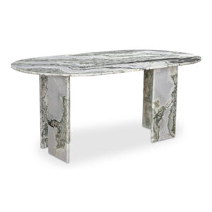 adding a touch of artistry and opulence. The smooth and organic textures on the marble beautifully contrast with the table's geometric base
