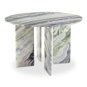 adding a touch of artistry and opulence. The smooth and organic textures on the marble beautifully contrast with the table's geometric base