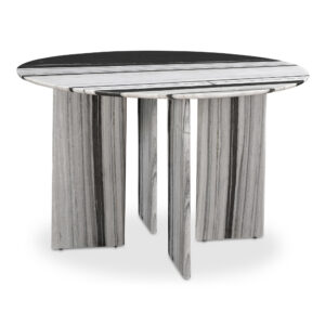 adding a touch of artistry and opulence. The smooth and organic textures on the marble beautifully contrast with the table's geometric base