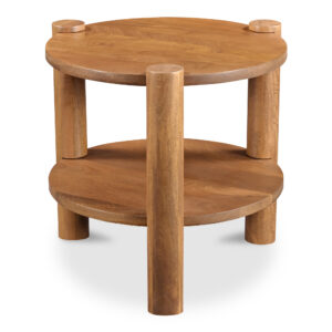 as its solid mango wood construction and warm brown finish add a rustic elegance. The cylindrical legs and meticulous joinery details are artfully incorporated alongside open storage. This piece effortlessly brings a sense of airiness and refreshing lightness to any space.